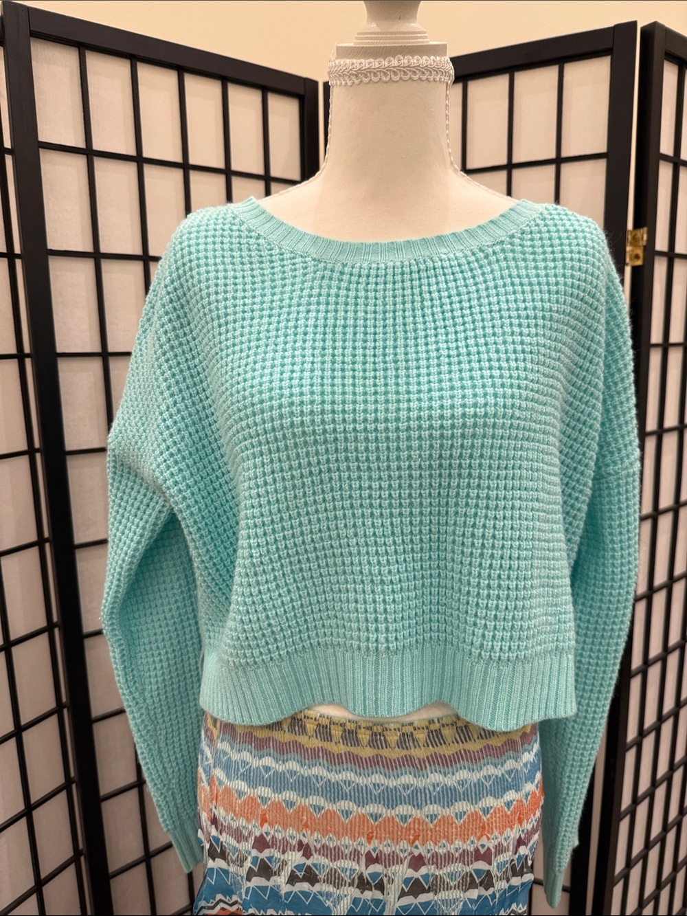 American Apparel Mint Aqua Waffle-Knit Crewneck Sweater